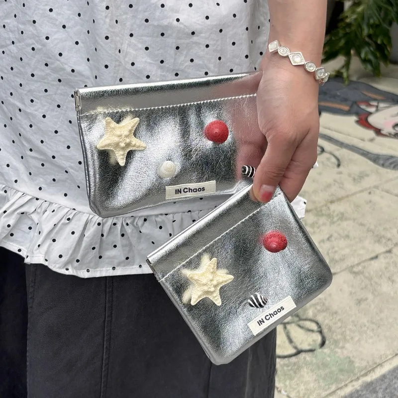 Original Starfish Shell Silver Card Holder, Mini Coin Purse Wallet for Women,Multifunctional ID Credit Card Organizer, Small Bag