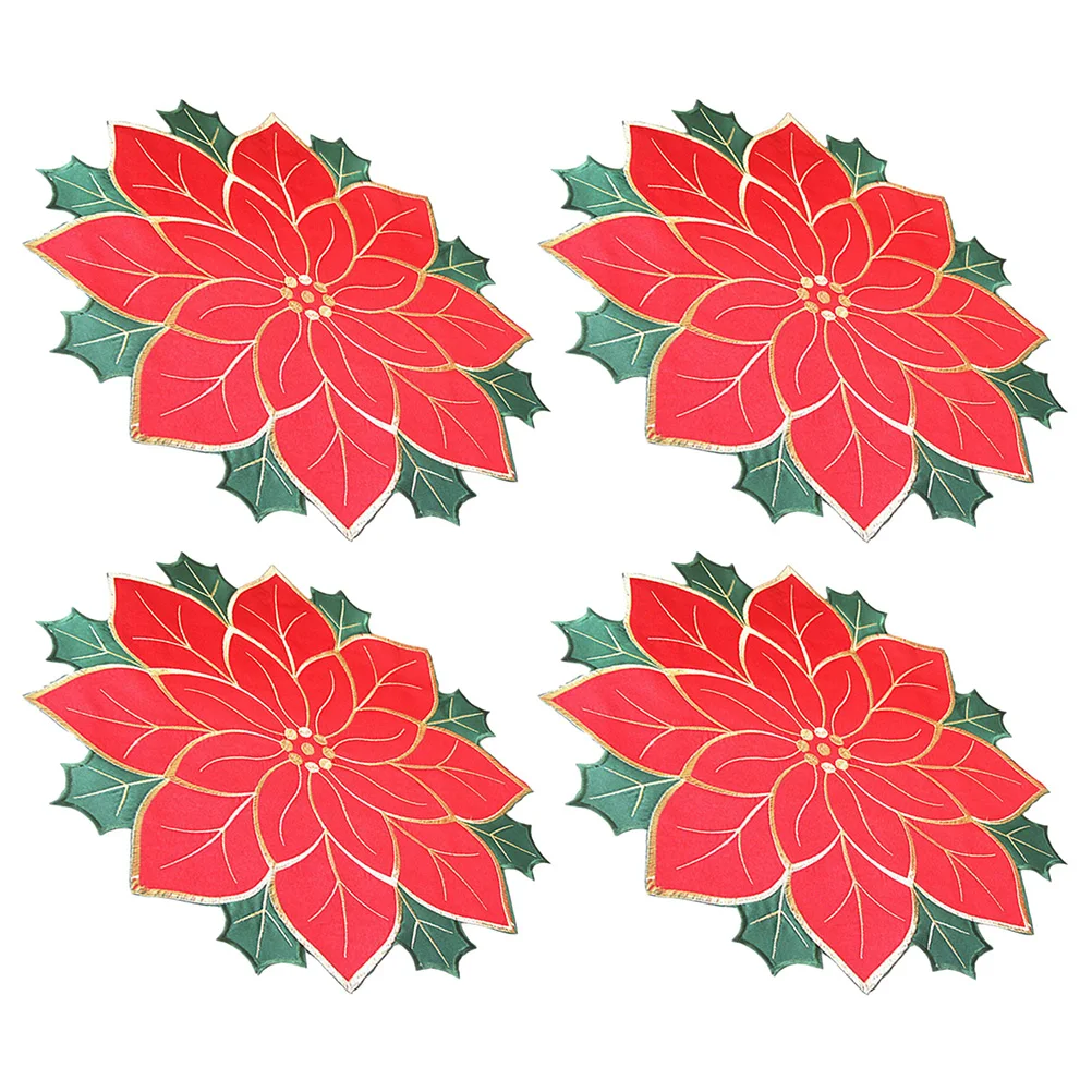 

4Pcs Placemats for Plates Christmas Poinsettia Design Insulated Reusable Tabletop Place Mat Holiday Dinner Decoration