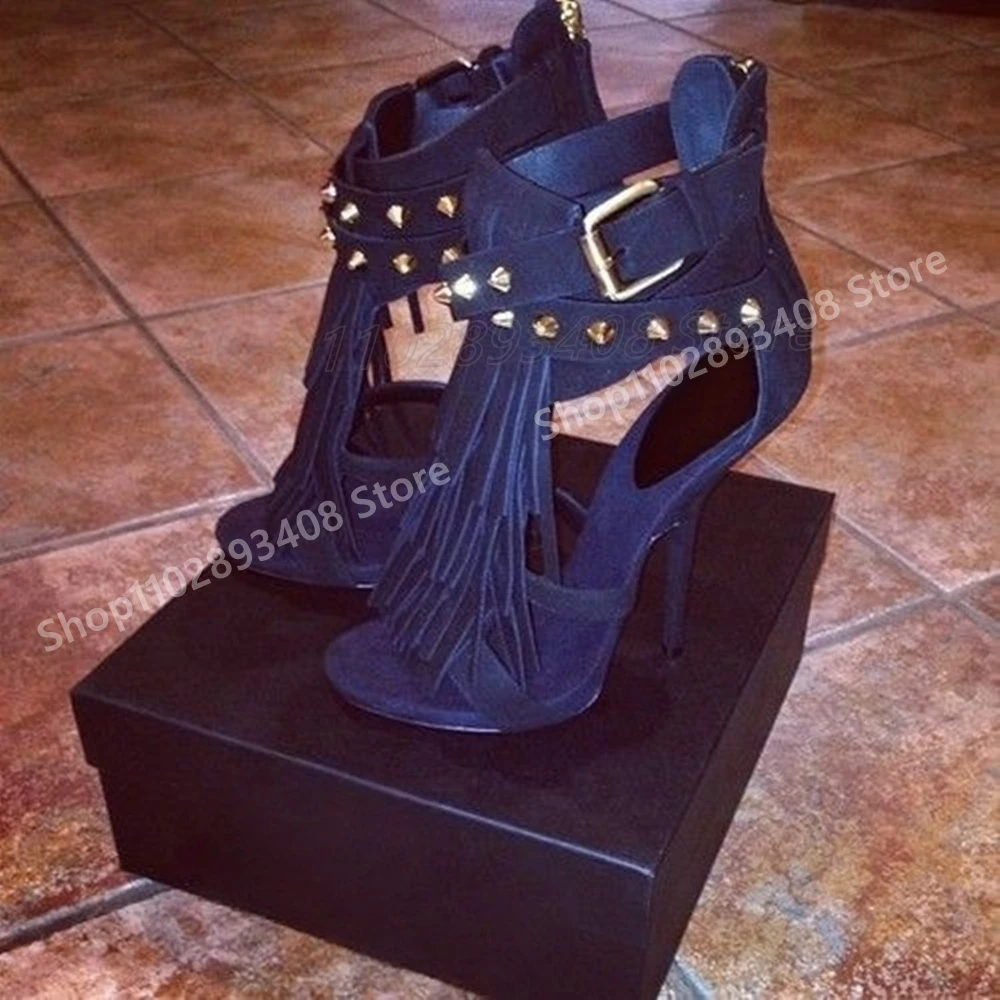 

Solid Front Fringe Metal Rivets Sandals Runway Retro Style Back Zipper Stiletto High Heel Women Shoes 2025 Spring Para Mujere