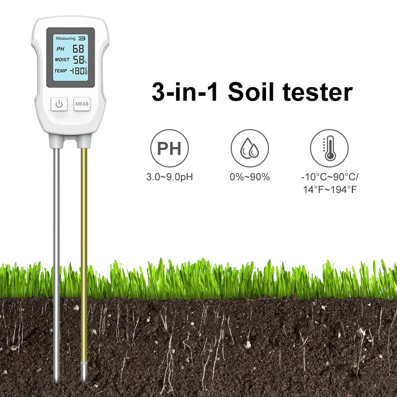 New Digital LCD Soil Tester 3-in-1 PH/Moisture/Temp 3-9 PH Meter Metal Sensor Humidity Monitor for Flower Plants Gardening