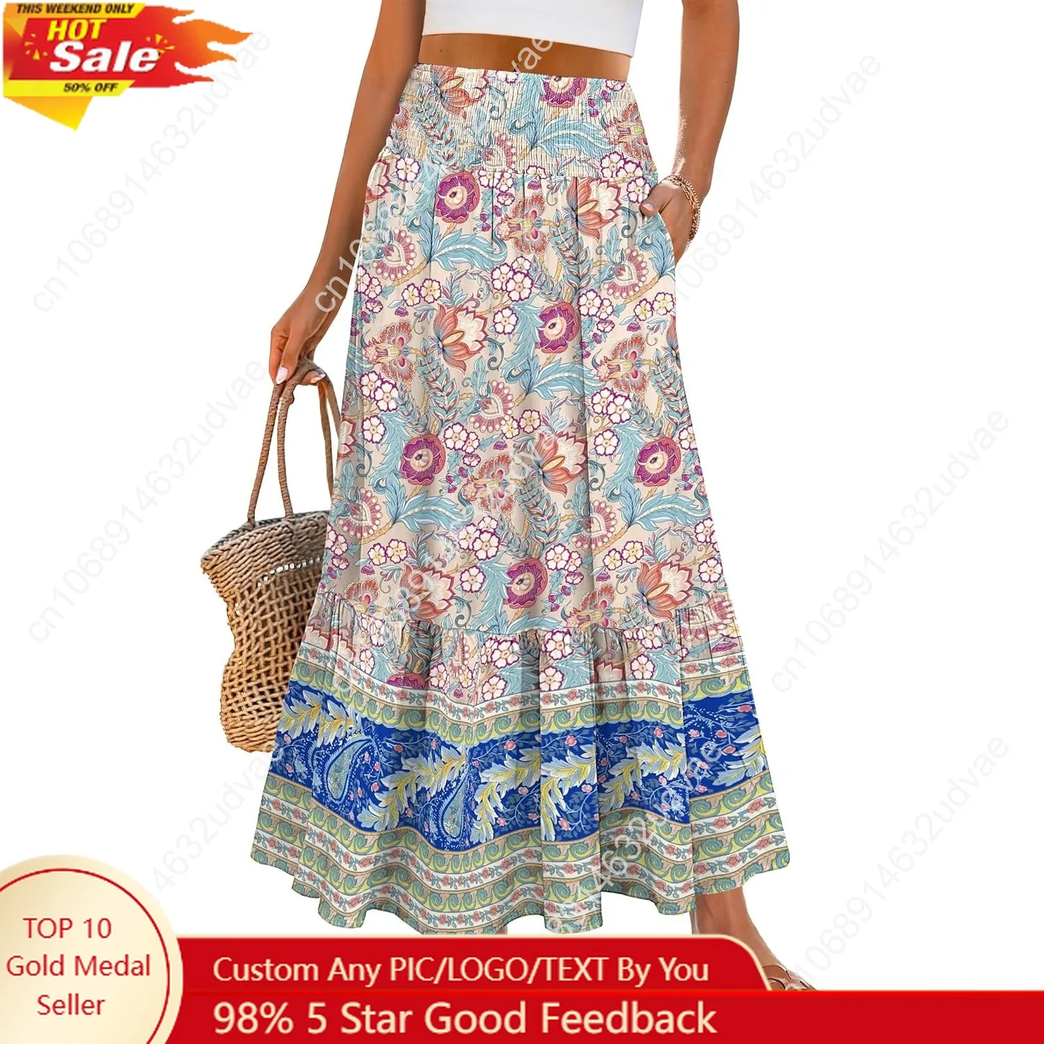 Maxi Skirts for Women 2025 Summer Boho Long Flowy Floral Elastic High Waist Skirt Casual Travel Skirt with Pockets