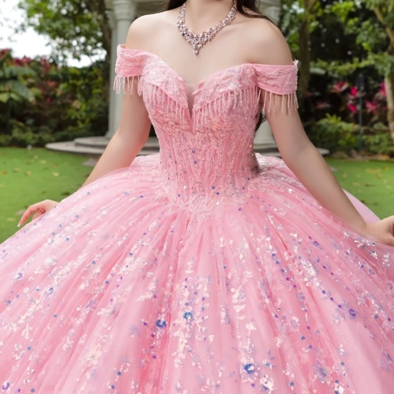 Sparkly Pink Ball Gown Quinceanera Dresses Sweetheart Sequin Applique Lace Beads Crystal Tull Birthday Party Sweet 16 Vestidos