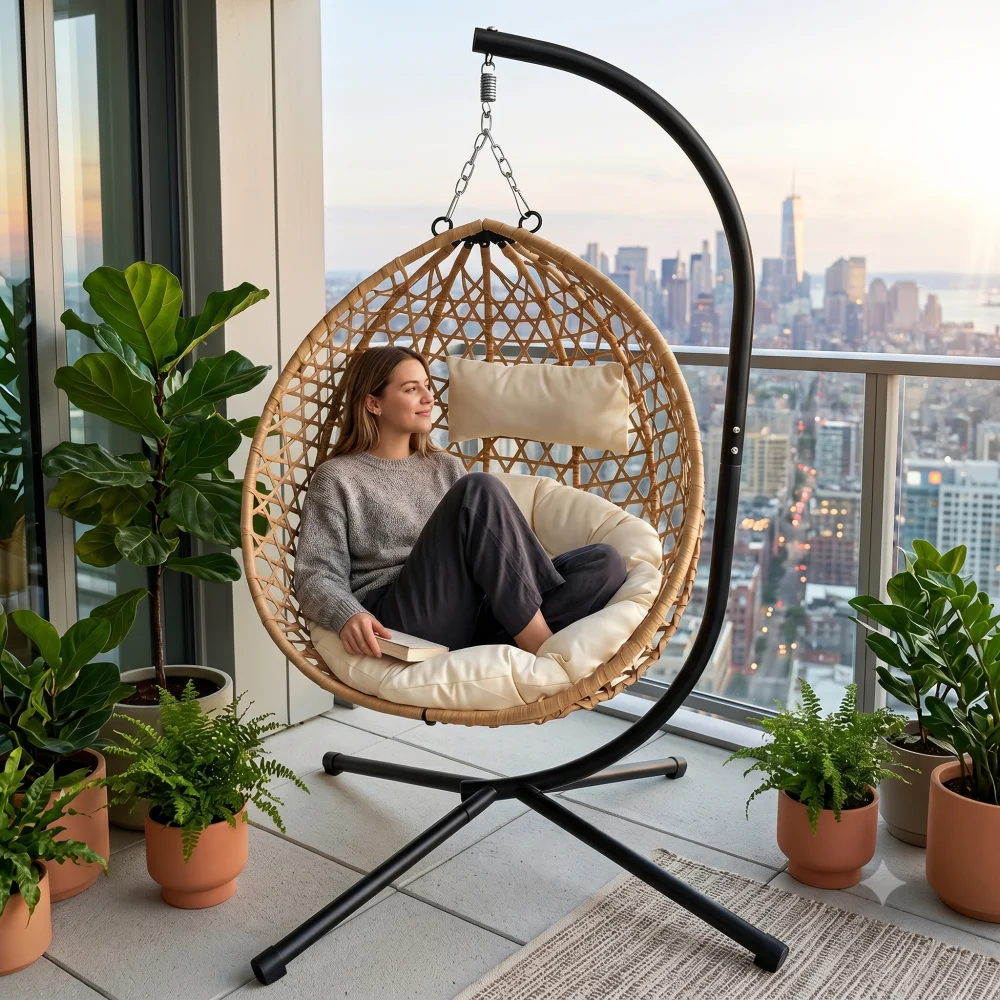 

Foldable Hanging Egg Chair with Stand, HDPE Rattan Wicker Swing Chair with Cushion, Heavy Duty Frame Capacity, Outdoor Patio Indoor Bedroom Balcony