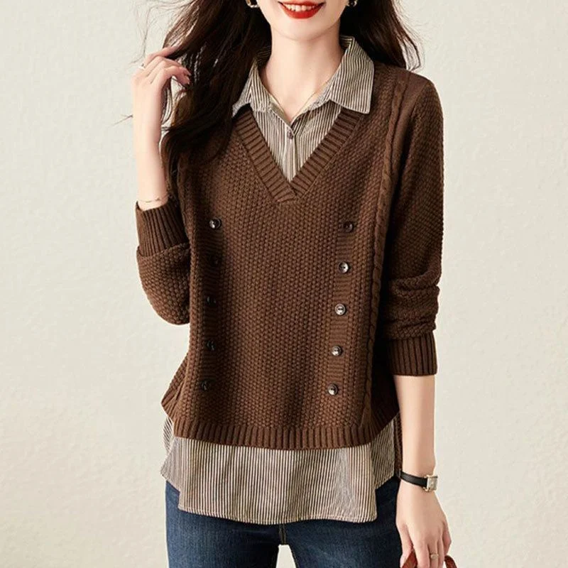 Fake Two Piece Top Knit Sweater Women\'s Splice Shirt Collar 2024 Spring Autumn New Korean Loose Long Sleeve Sweater Trend Brown