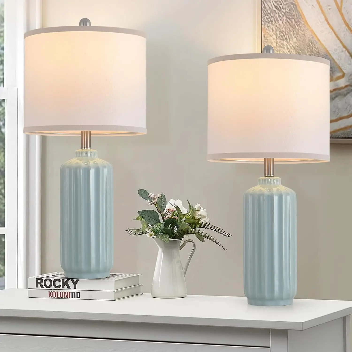 Set of 2 Blue Ceramic Table Lamps with Linen Shades, 25" Tall for Living Room Bedroom