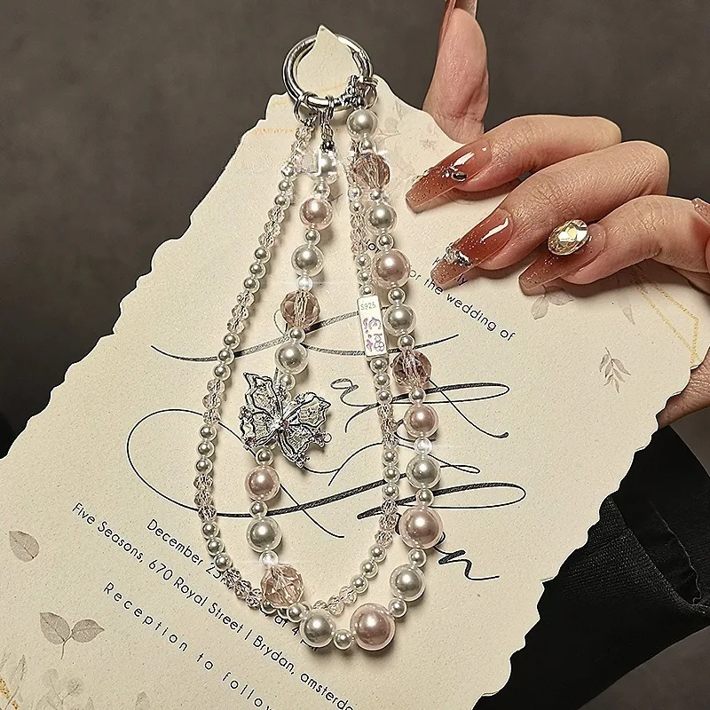 

High-End Diamond Butterfly Mobile Phone Lanyard Wealth Attraction Fortune Charm Dahua Pearl Beaded Pendant Luxury Phone Chain