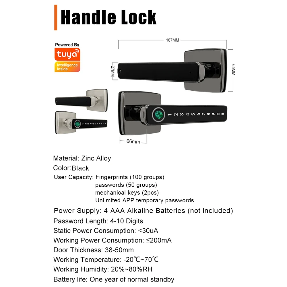 

Умный дверной замок с отпечатком пальца и ручкой 4 в 1, вход без ключа Tuya APP Key Passcodes, умные ручки для входной двери, спальни, квартиры