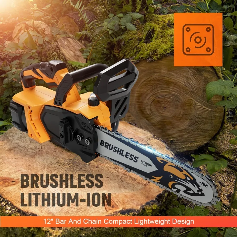 12インチ電動チェーンソー、バッテリーパック2個付き - 軽量ハイパワー20Vコードレスチェーンソー、木材切断、木の剪定用