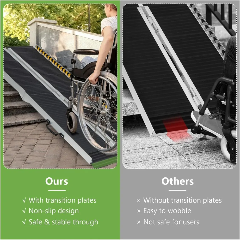 Portable Wheelchair Ramp 6 FT,Folding Handicap Ramp w/Transition Plate & Non-Slip Surface, Reflective Warning Stickers