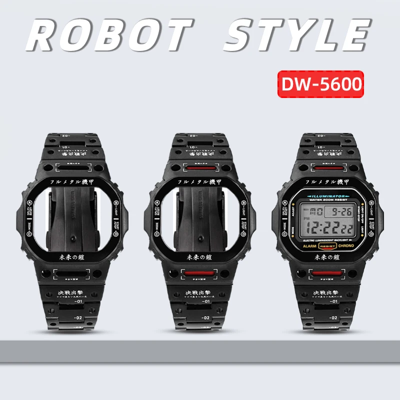 dw5600-gw-b5600-gmw-b5000-robot-style-mod-kit-for-casio-g-shock-watch-stainless-steel-case-strap-solid-metal-bezel-mech-warrior