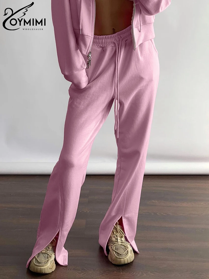 Oymimi Fashion Loose Pink Cotton 2 Piece Sets Women Outfit Elegant Long Sleeve Zip Top With High Waist Slit Pants Set Streetwear