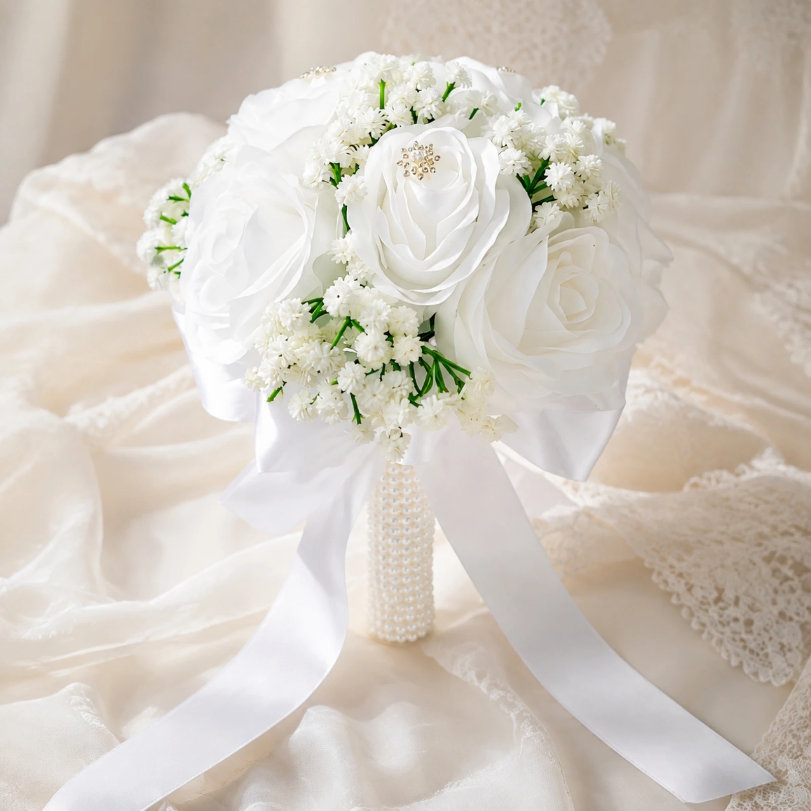 Silk Rose Bridal Bouquet Realistic Bridal Hand Bouquet with Pearl Handle Low-Maintenance Long-Lasting for Brides