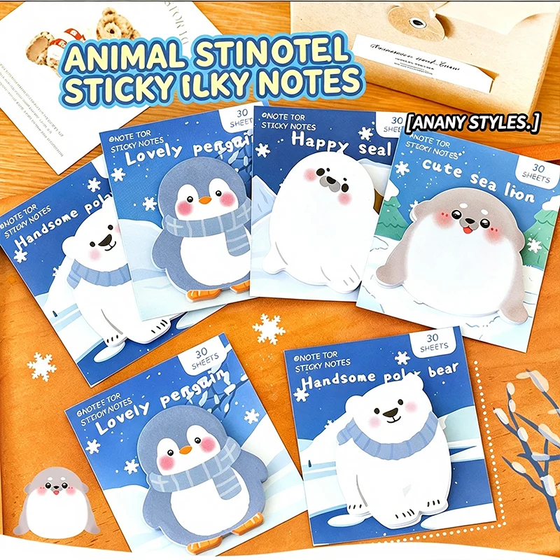 30sheets Cute Cartoon Arctic Animal Sticky Notes Kawaii Penguin Seal Polar Bear Shaped Memo Notepad  Student Stationery Supplies