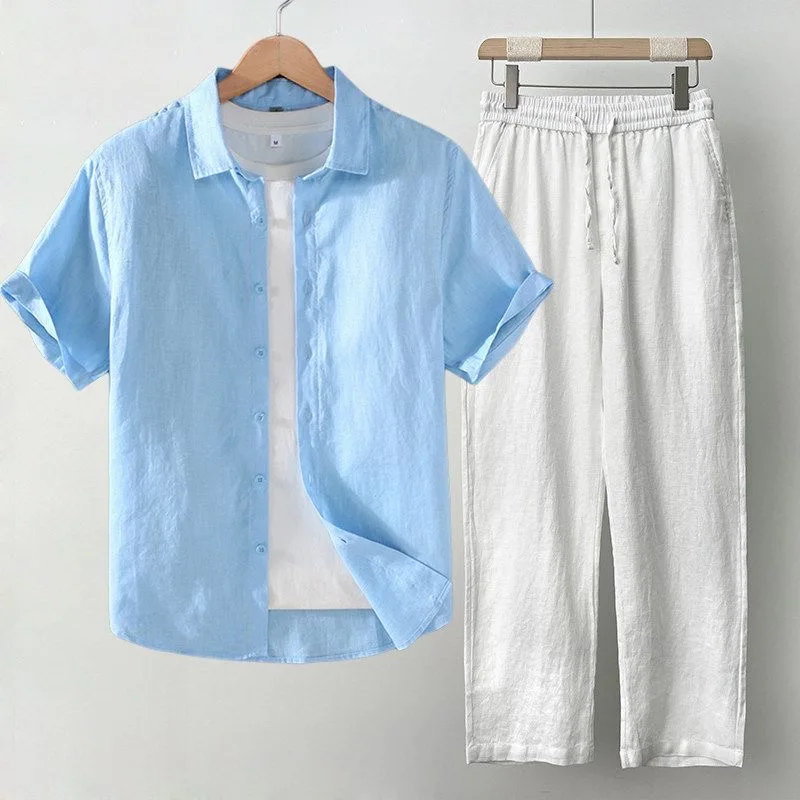 Men's Linen Short Sleeve Shirt Casual Loose Cotton Linen Material Spring Summer Outwear Shirt Pure Color Youth Fashion
