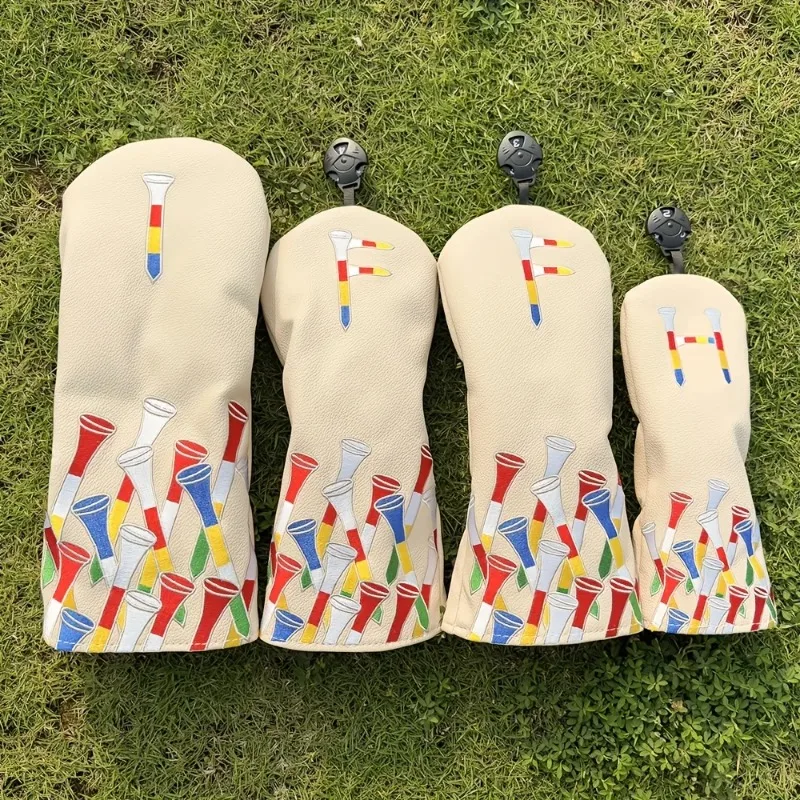 Durable Beige Golf Club head Cover with Colorful Stripes & Red Accents - Scratch-Resistant, Dustproof Design