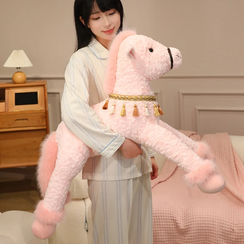 Jouets en peluche cheval ange géant 90CM, poupée d'animal en peluche doux couché blanc rose marron cheval oreiller en peluche pour canapé décoration de la maison