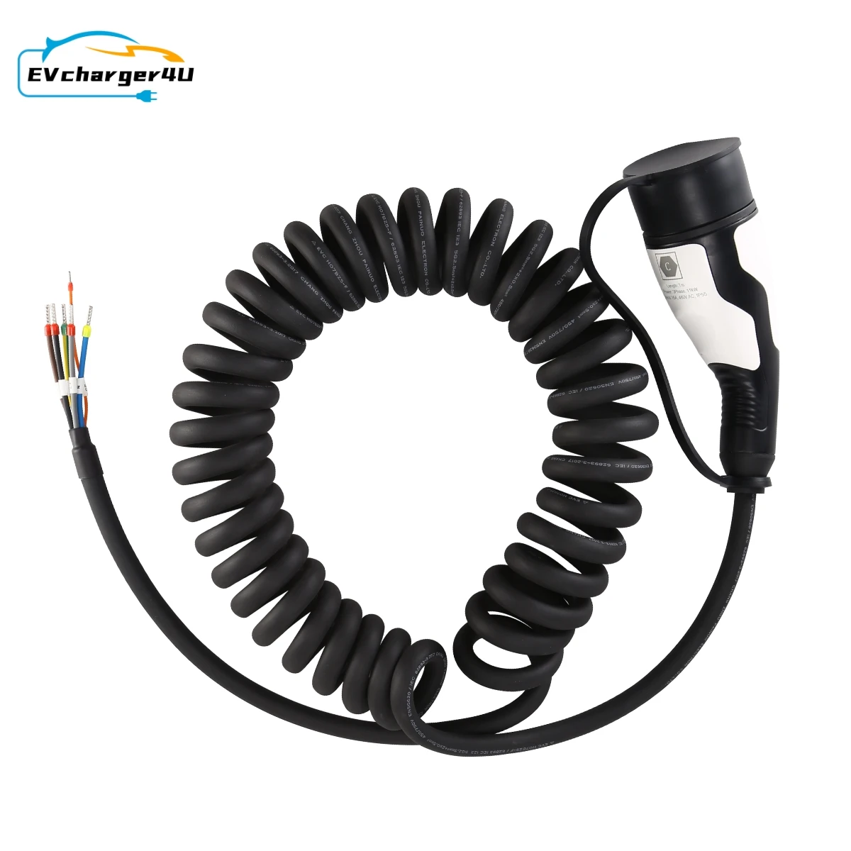 EVcharger4U cavo di ricarica EV a spirale 7M 1 fase 32A 7KW, 3 fasi 16A 11KW IEC62196 tipo 2 per aprire il cavo di estremità per veicoli elettrici