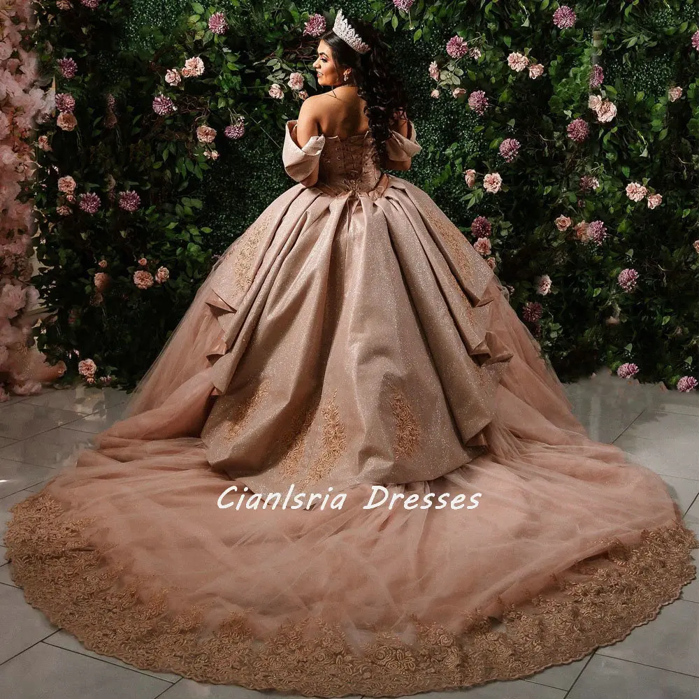 Champagne Off The Shoulder Beading Crystal Quinceanera Dresses Ball Gown Ruffles Appliques Corset Sweet 16 Vestido De XV Años