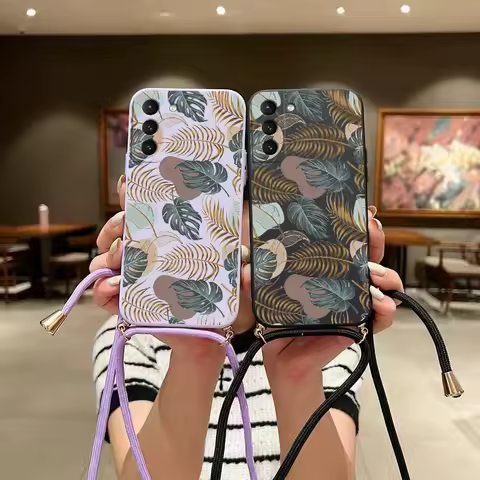 Autumn Leaves Crossbody Lanyard Silicone Phone Case For Samsung Galaxy S22 S22 Plus S22 Ultra S23 S21 S21FE S23FE S20 S10 Cover