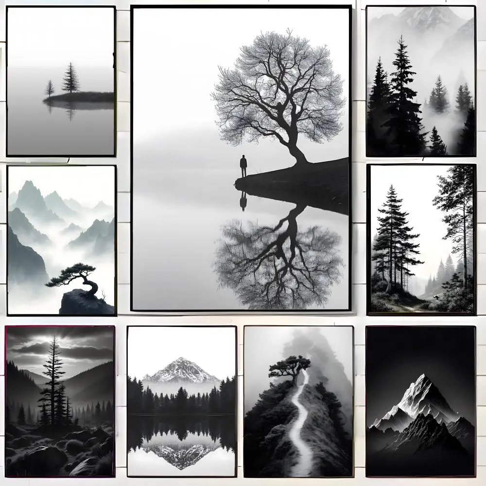 1PC--Black and White Mountain Tree Poster Wall Art Print Poster Decorative Mural Home Decor Gift Unframed
