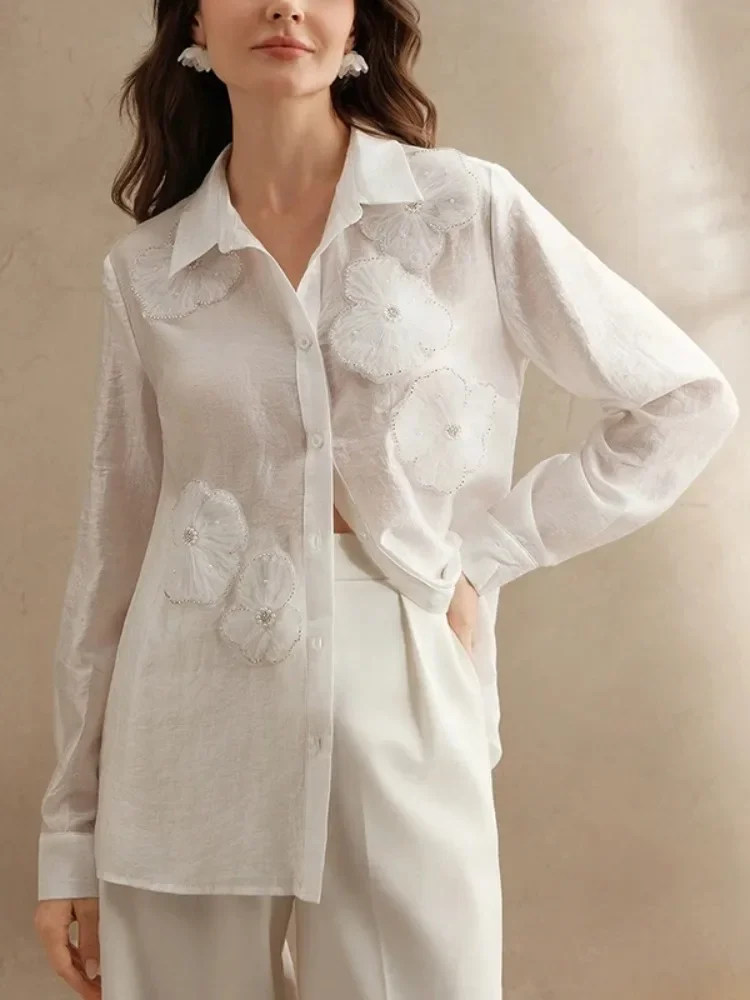 

2026 Women's Elegant Chic Appliques Lapel Blouses Long Sleeves See-Through Loose Urban Office Lady Commute Shirts Tops