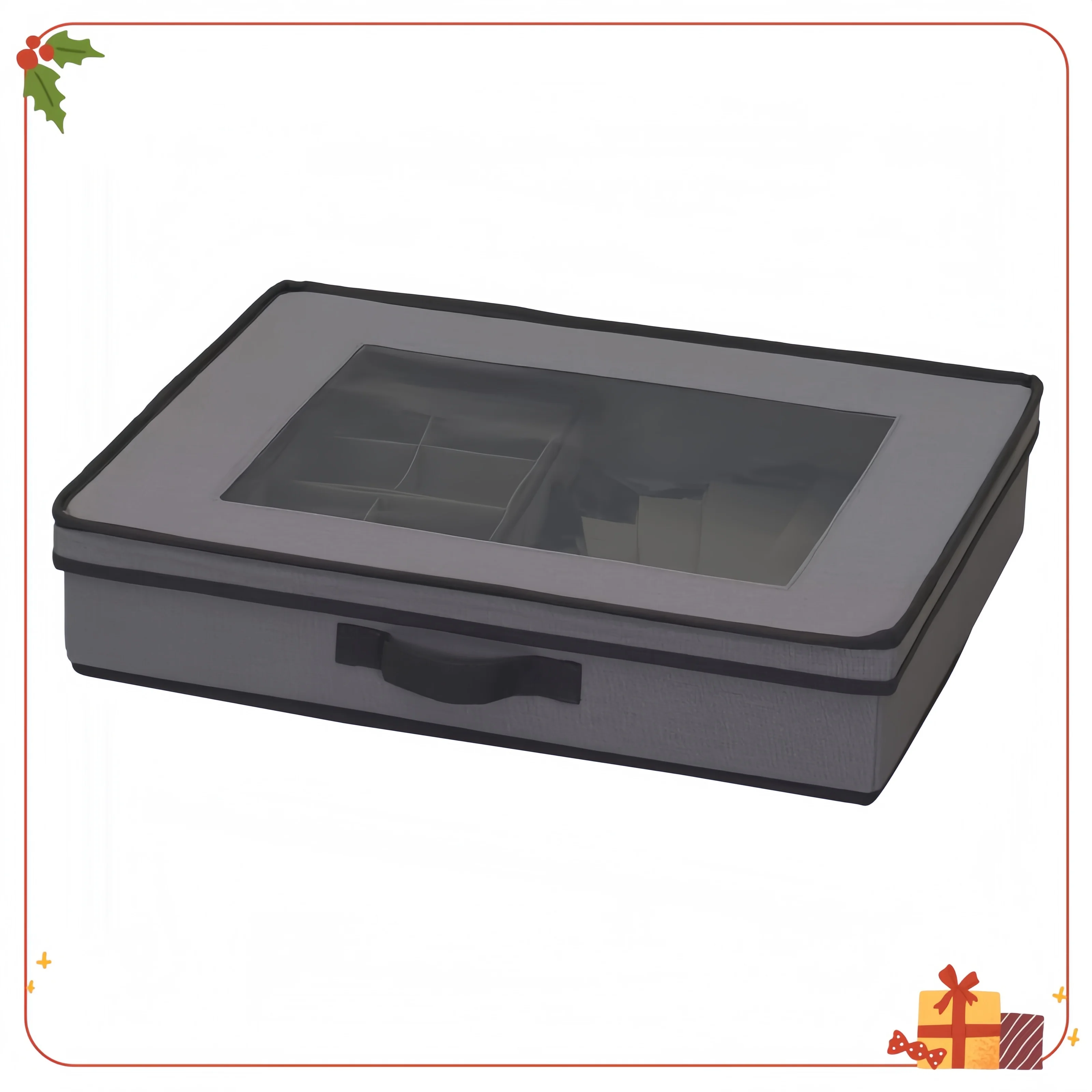 Household Essentials Desktop Storage Box, Lid with Window and Front Handle, 8 Compartment Pull-Out Tray, 4 Fabric Pockets, Gray