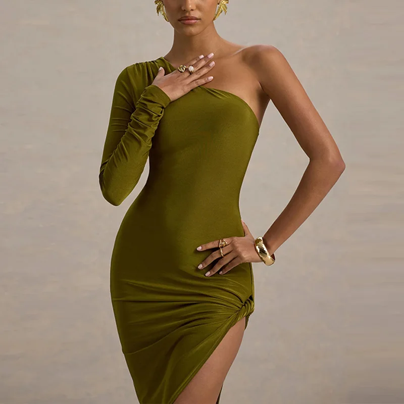 뉴 레이디스 하이 스플릿 플리트 칵테일 웨딩 파티 원피스 하이 엔드 섹시 타이트 원 숄더 새틴 댄스 파티 원피스 신부 들러리 옷