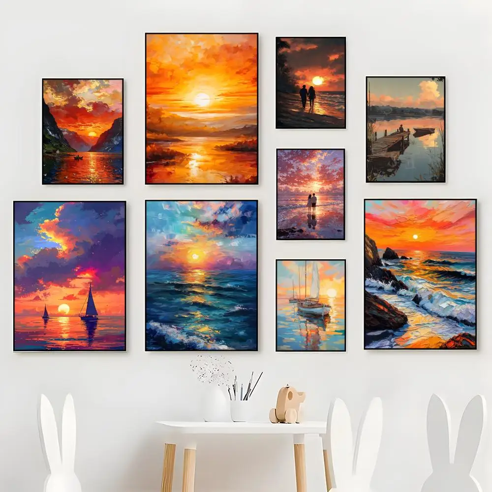 Sunset Painting Calligraphy HD Framed Canvas Wall Art for Bedroom Cafe Decor or Gift