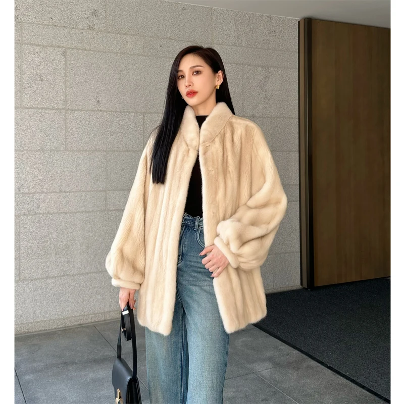 Fur Coat Women's Casual Loose Version Overcoats Stand Collar Mink Fur Mid-Length Basic Color All-Match Fashionable Warm Winter