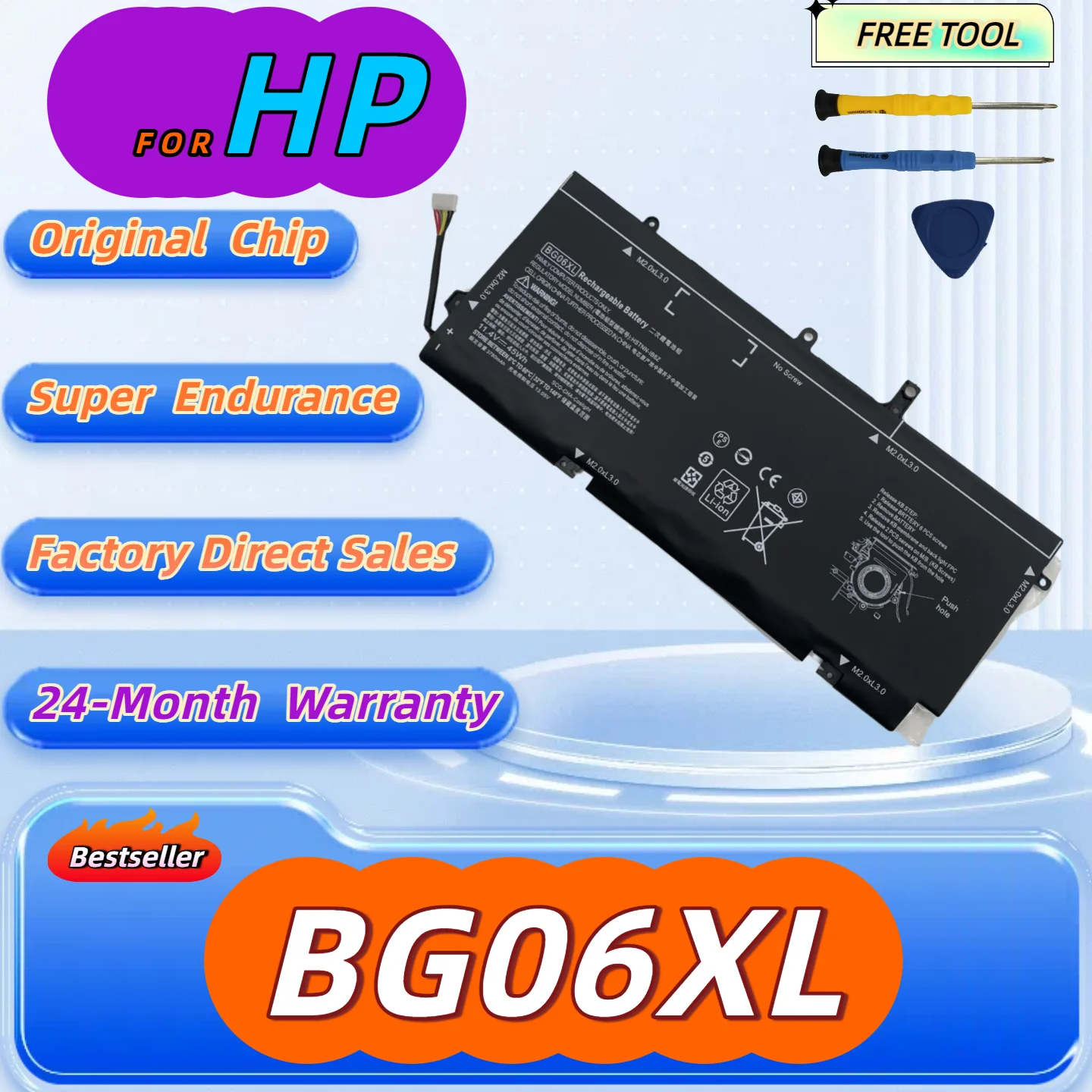 

BG06XL Battery for HP EliteBook 1040 G3 (P4P90PT) BG06XL HSTNN-Q99C HSTNN-IB6Z 804175-1B1 804175-1C1 Free Tool + 24M Warranty