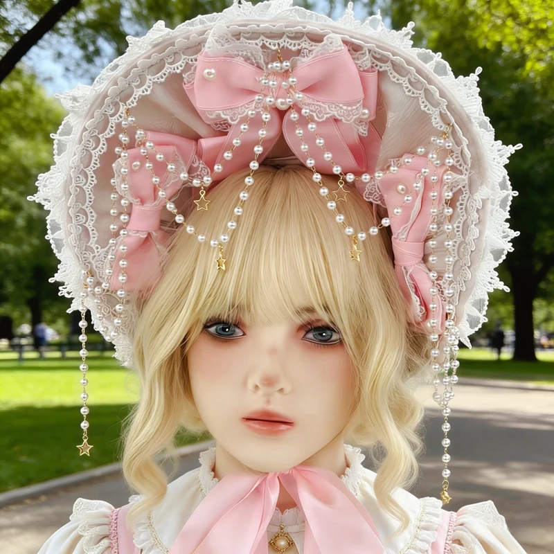 

Gorgeous Handmade Gothic Lolita Bow Lace BNT Hat Women Vintage Victorian Elegant Pearl Ribbon Bonnet Tea Party Cosplay Flat Cap