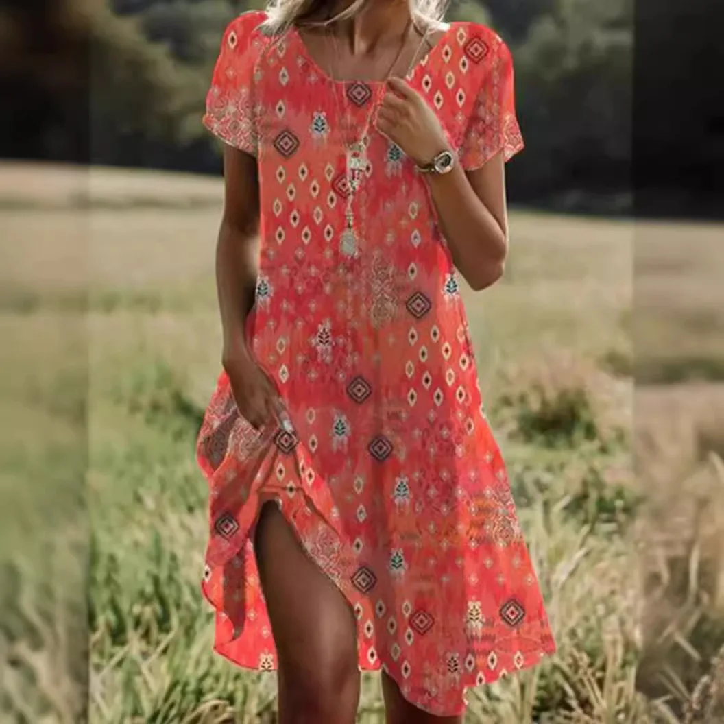 Vestidos boêmios de verão para mulheres, decote em v, manga curta, estampa de flores, praia, férias, vestido maxi feminino, boho 2025