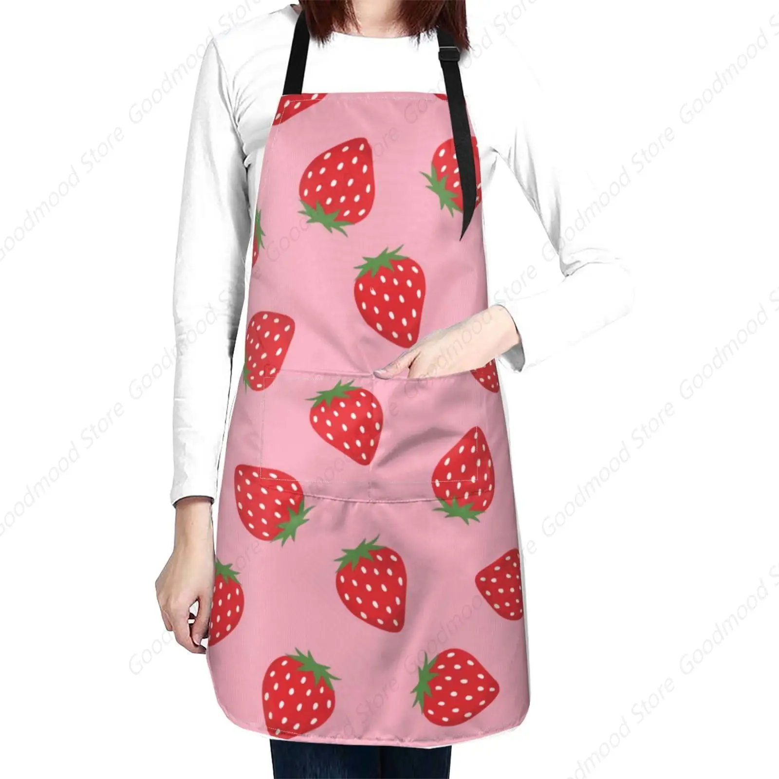 Cute Pink Strawberry Aprons for Women Men with 2 Pockets Adjustable Waterproof Kitchen Cooking Gardening