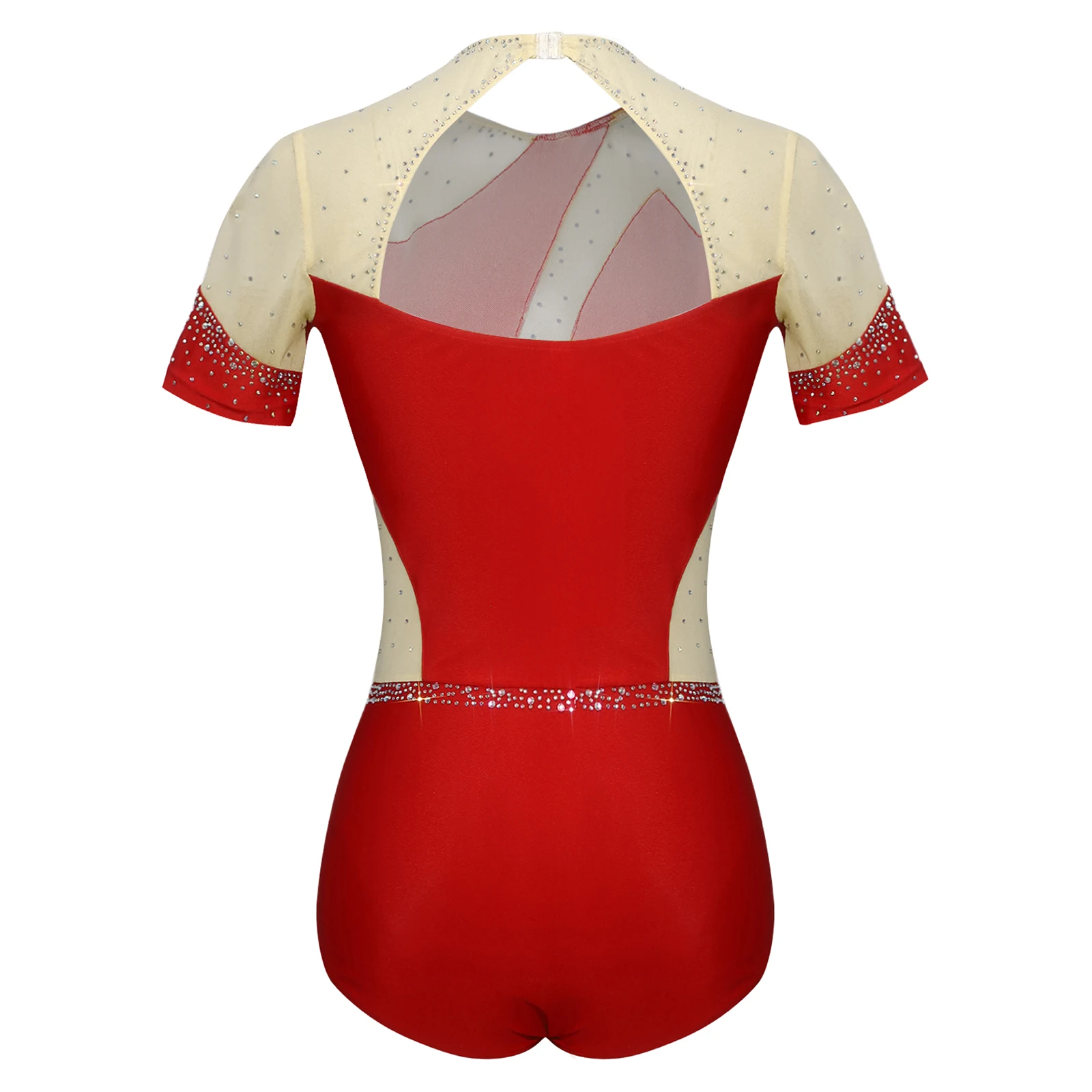 النساء الشكل التزلج ملابس رقص الجمباز بذلة الراين بقماش شفاف المرقعة قصيرة الأكمام الجمباز الباليه ارتداءها Dancewear