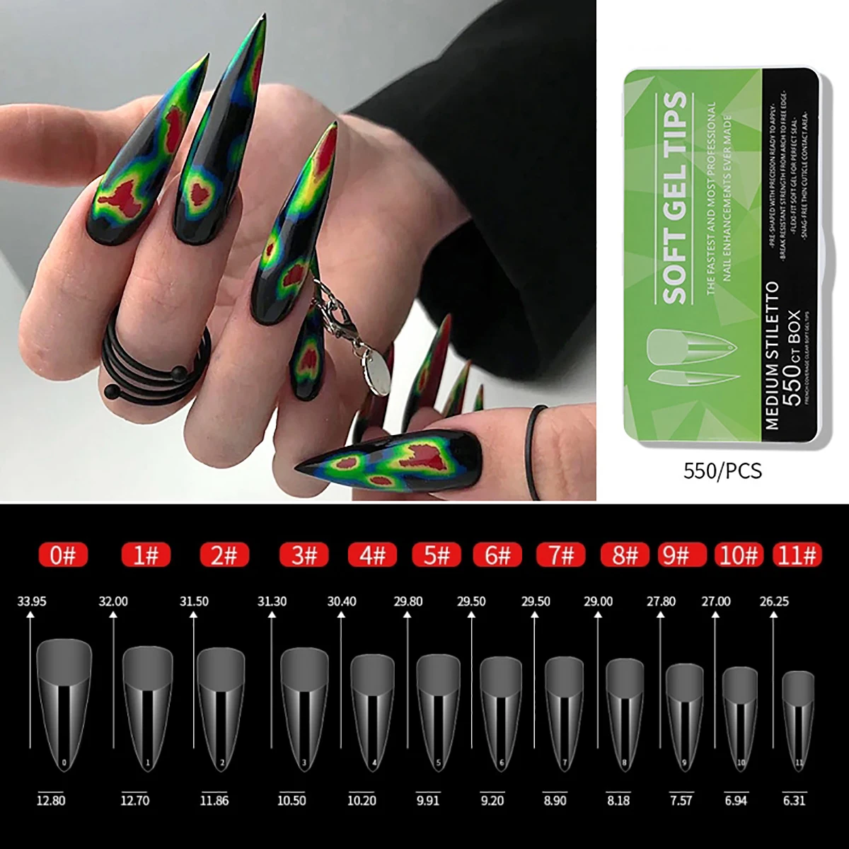 550 Stück Sargförmige Mandel-Soft-Gel-Nagelspitzen, künstliche halbe Abdeckung zum Aufdrücken, Acrylnägel in 11 Größen, künstliche Nägel, DIY-Maniküre-Verlängerungswerkzeuge – Detail 7