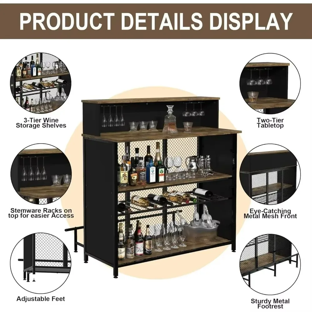 Home Bar Unit Minibar Bar Table with Storage & Ottoman, 16"D x 47"W x 51"H, for Home Kitchen Bar (Brown)