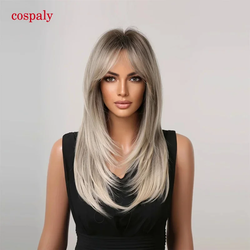 ESIN Synthetic Wig Medium Ombre Dark Color To White Blonde Wigs For Women Ombre Layered Hair With Dark Roots