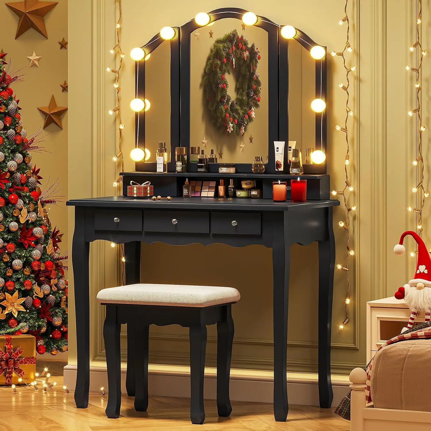 Makeup Vanity with Lights, Vanity Desk with 10 Light Bulbs & 3 Color Lighting Modes, Vanity Table with 5 Drawers, Customized