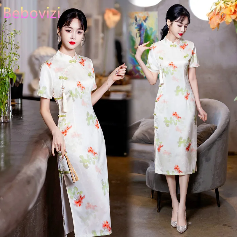 

Fashion New Summer Modern Improved Cheongsam Flower Print Chinese Style Qipao Dinner Party Dress Plus Size M-4XL