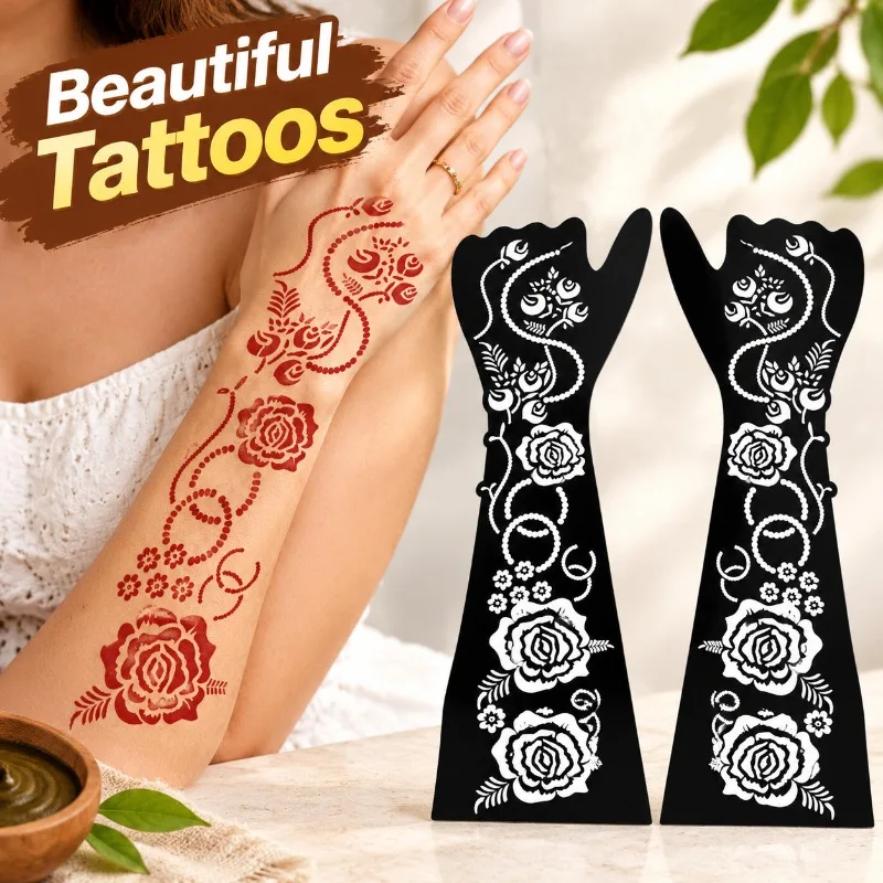 Hollow Hand & Arm Tattoo Stencil Template Thickened Henna Juice Temporary Tattoo Stickers Hand Drawn Large Pattern Design