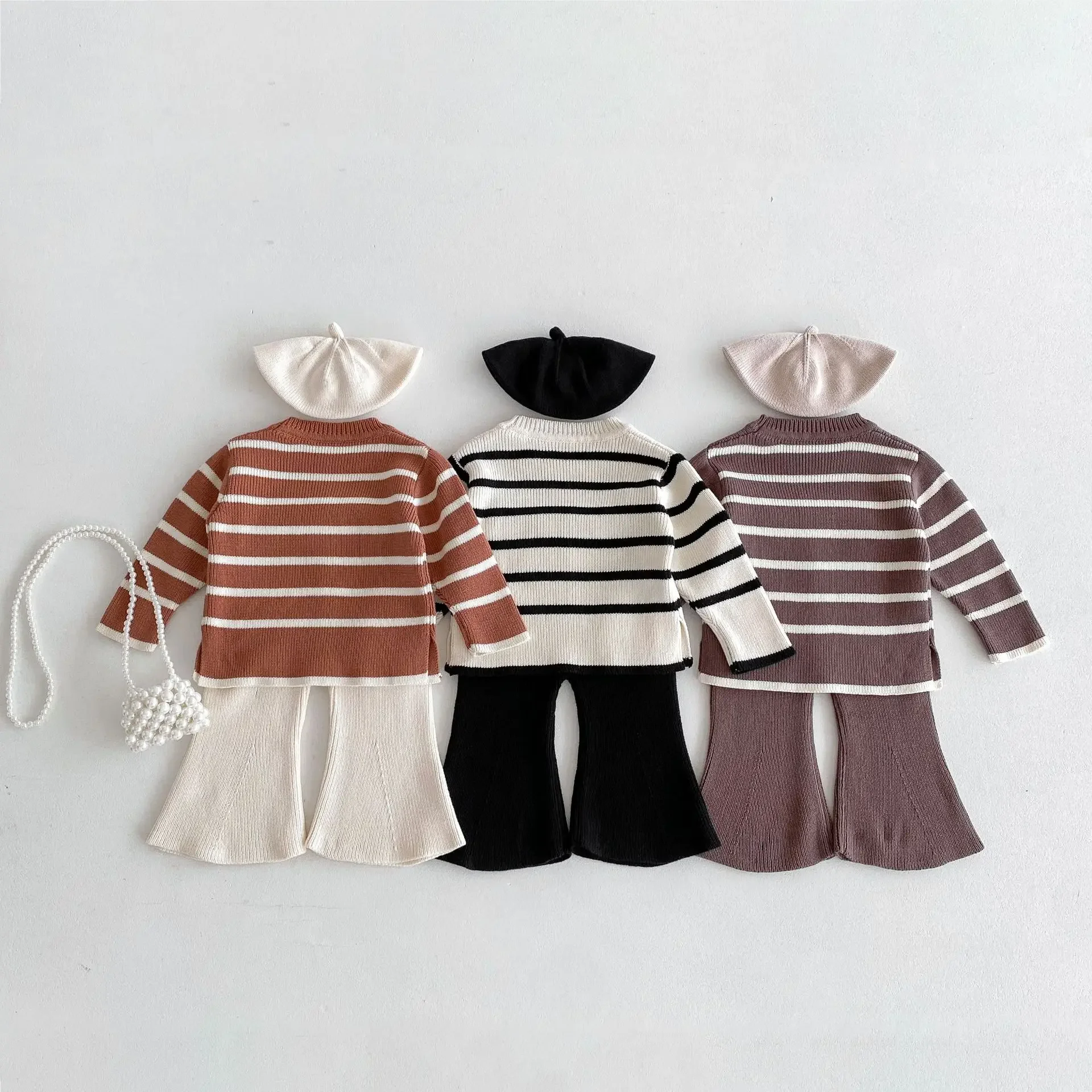 MILANCEL New Autumn Kid\'s Sweater 1-6Y Girls Striped Knitted Pullover Children\'s Base Top Optional Knitted Bell Bottoms