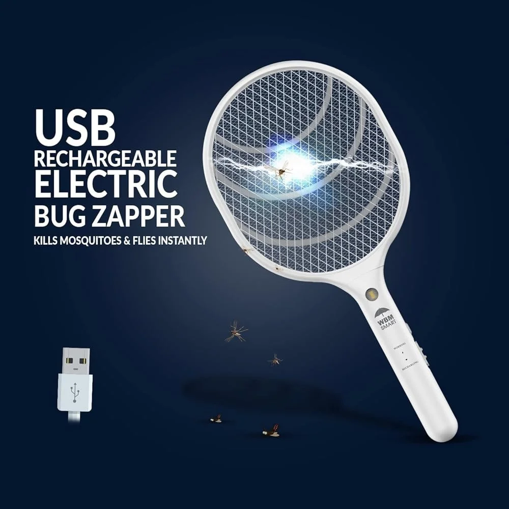 Portable Electric Fly Swatter Mosquito Zapper with LED Light Rechargeable USB Indoor Outdoor Bug Trap Racket Safe Design