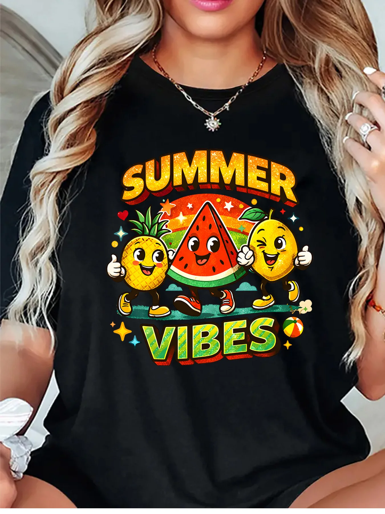 Summer Vibes Tropical Cartoon Fruits Graphic Womens T Shirt Short Sleeve Crew Neck Happy Holiday Casual Daily Ladies Tee Tops