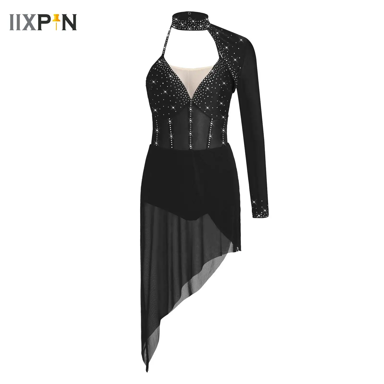 

Womens Rhymnic Gymnastics Jersey Acrobatics Ice Skating Costumes Shiny Rhinestone Sheer Mesh Ballet Leotard Dress Lyrical Wear