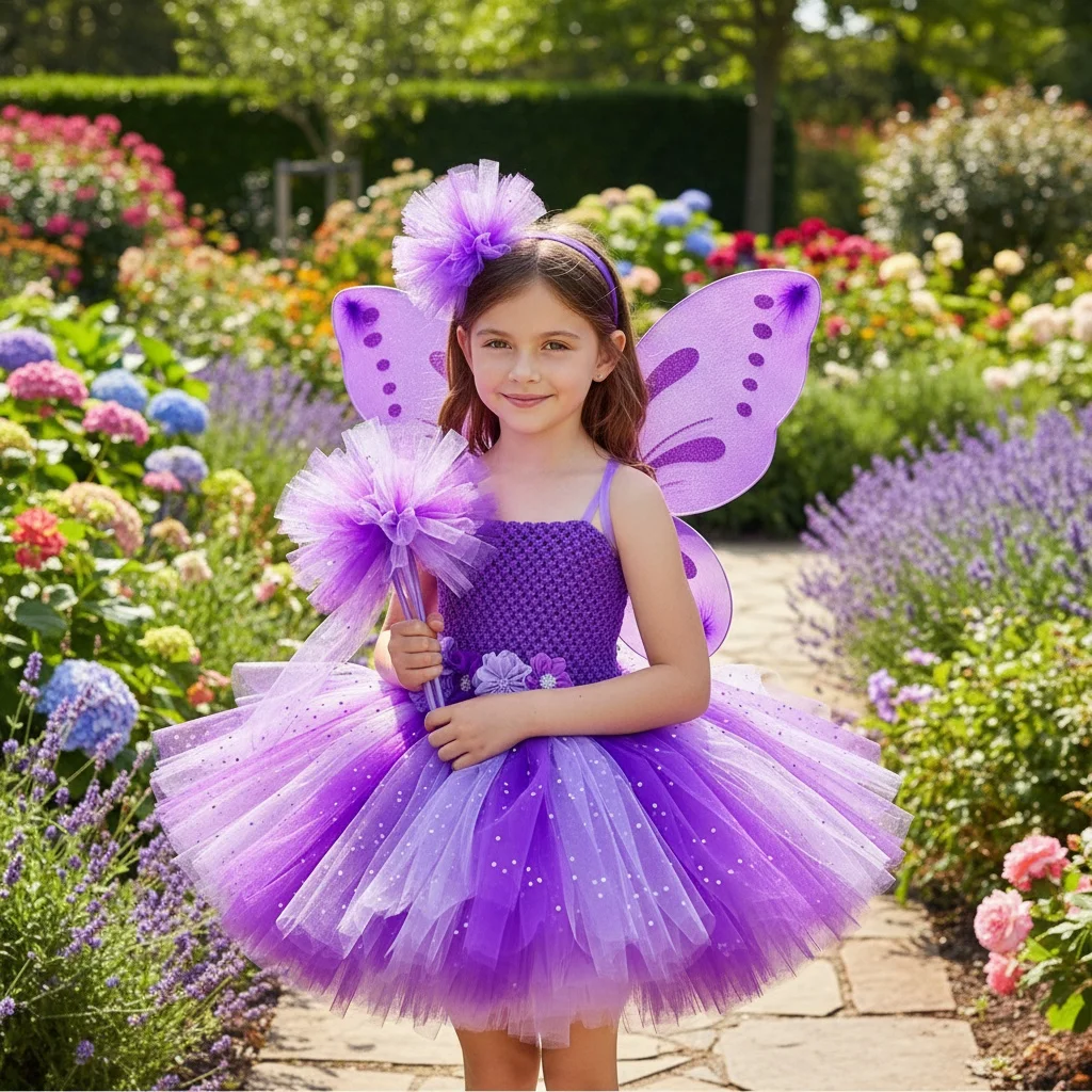 Girls Purple Flower Tutu Dress Baby Fluffy Tulle Dress with Butterfly Wing and Headband Kids Party Cosplay Costume Dresses