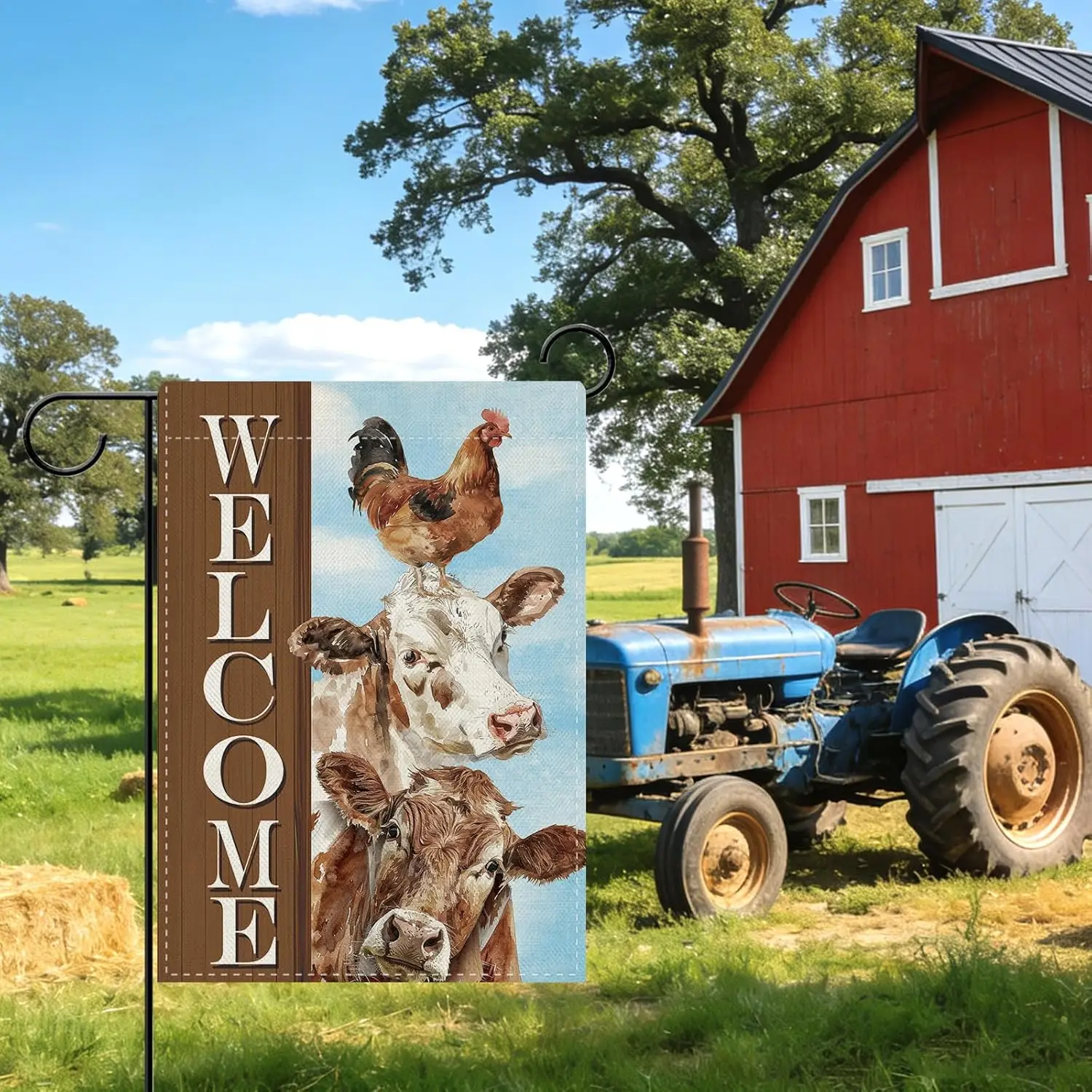 Dyrenson Vintage Farm Animals Welcome Decorative Garden Flag, Retro Farmhouse Cow Rooster Chicken Yard Outside Home Decorati PPM