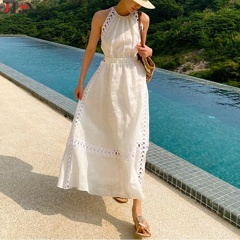 

JHJN Holiday Style Dress For Women Seaside Beach Dresses White Dress Sleeveless French Sense Of Design Hollow Waist Belt