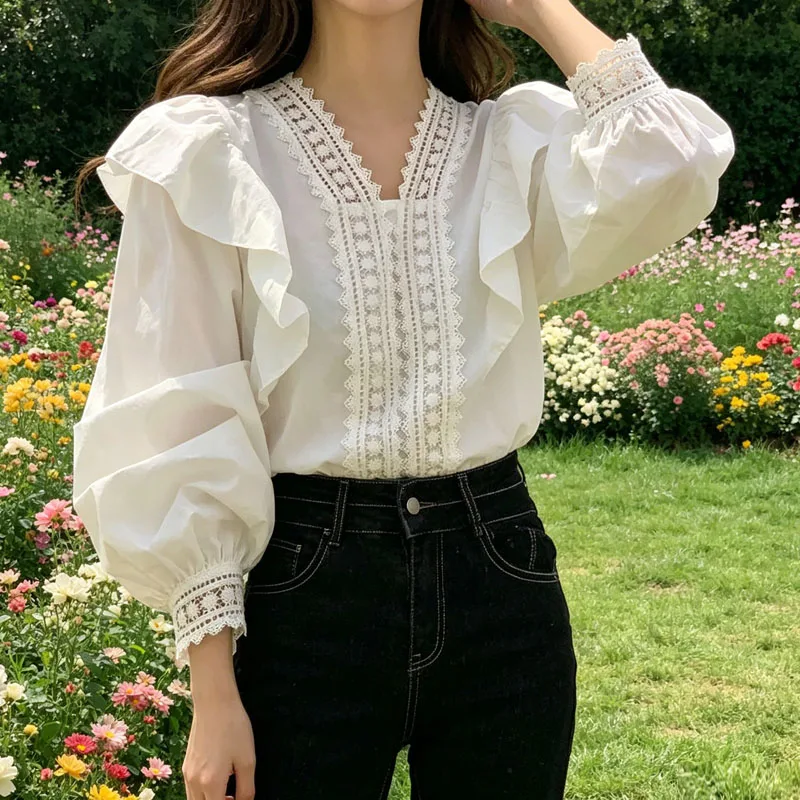 

Fashion Lace Women Blouse V-neck Long Sleeve White Shirts 2026 Casual Ruffled Puff Long Sleeve Tops Office Lady Elegant Clothing