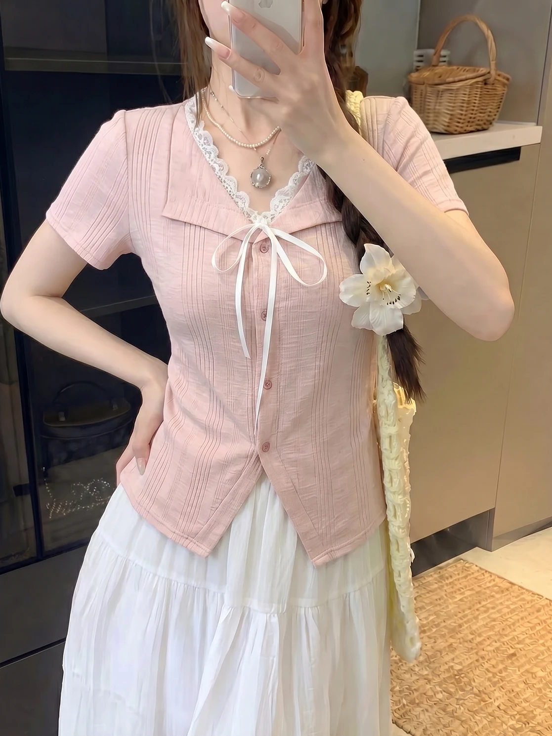 

Unique Lace Splice Short Sleeve T-Shirt Women's plus Size Sweet Style Summer Top Korean High Waist Decorative Vestment