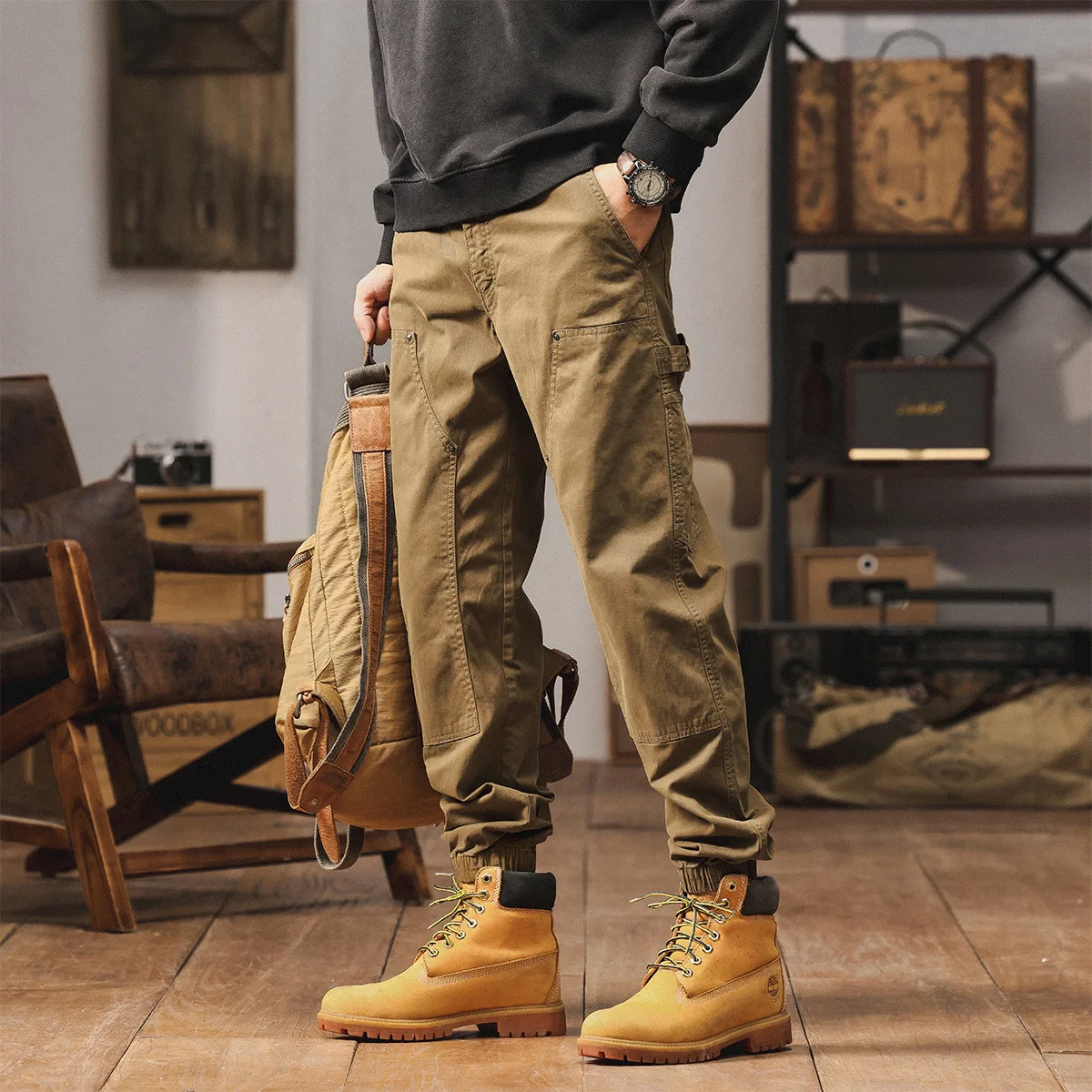 

Europe and America Men's Solid Color Thicken Casual Trendy Loose Simple Basic Spliced Cargo Trousers Male Bottom Clothes Pants